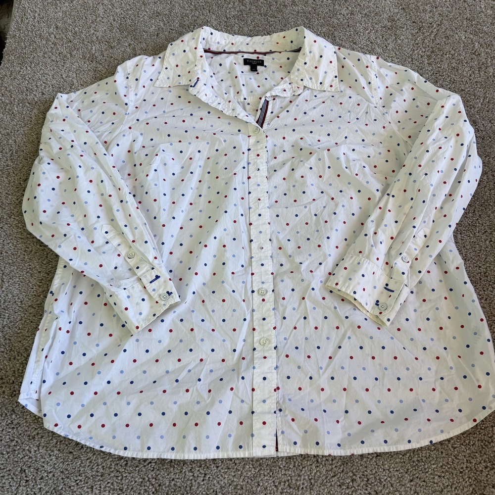 Talbots Shirt Womens 2X White Polka Dot Button Front Long Sleeve Top Casual